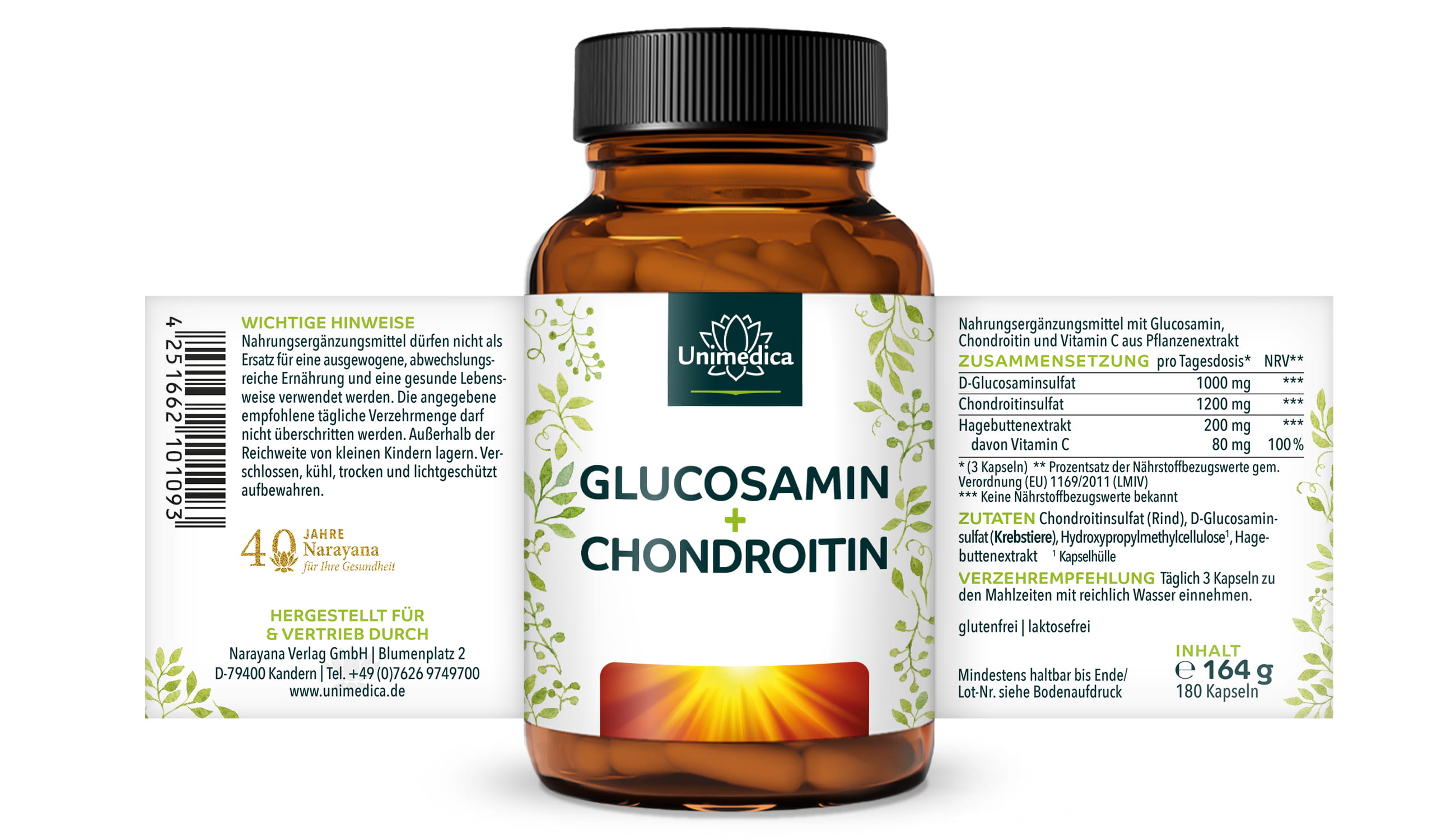 Glucosamin + Chondroitin - hochdosiert - 180 Kapseln - von Unimedica