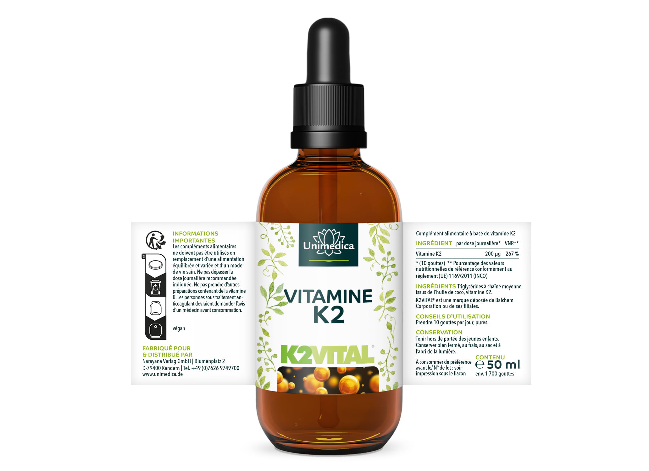 Vitamine K2 gouttes - 200 µg par dose journalière - MK7 All-trans - hautement dosé - 50 ml - de Unimedica