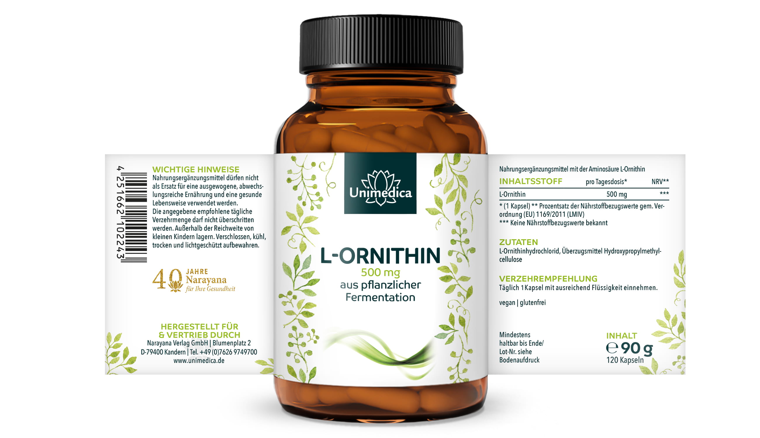 L-Ornithin - Aminosäure - 500 mg pro Tagesdosis (1 Kapsel) - 120 Kapseln - von Unimedica