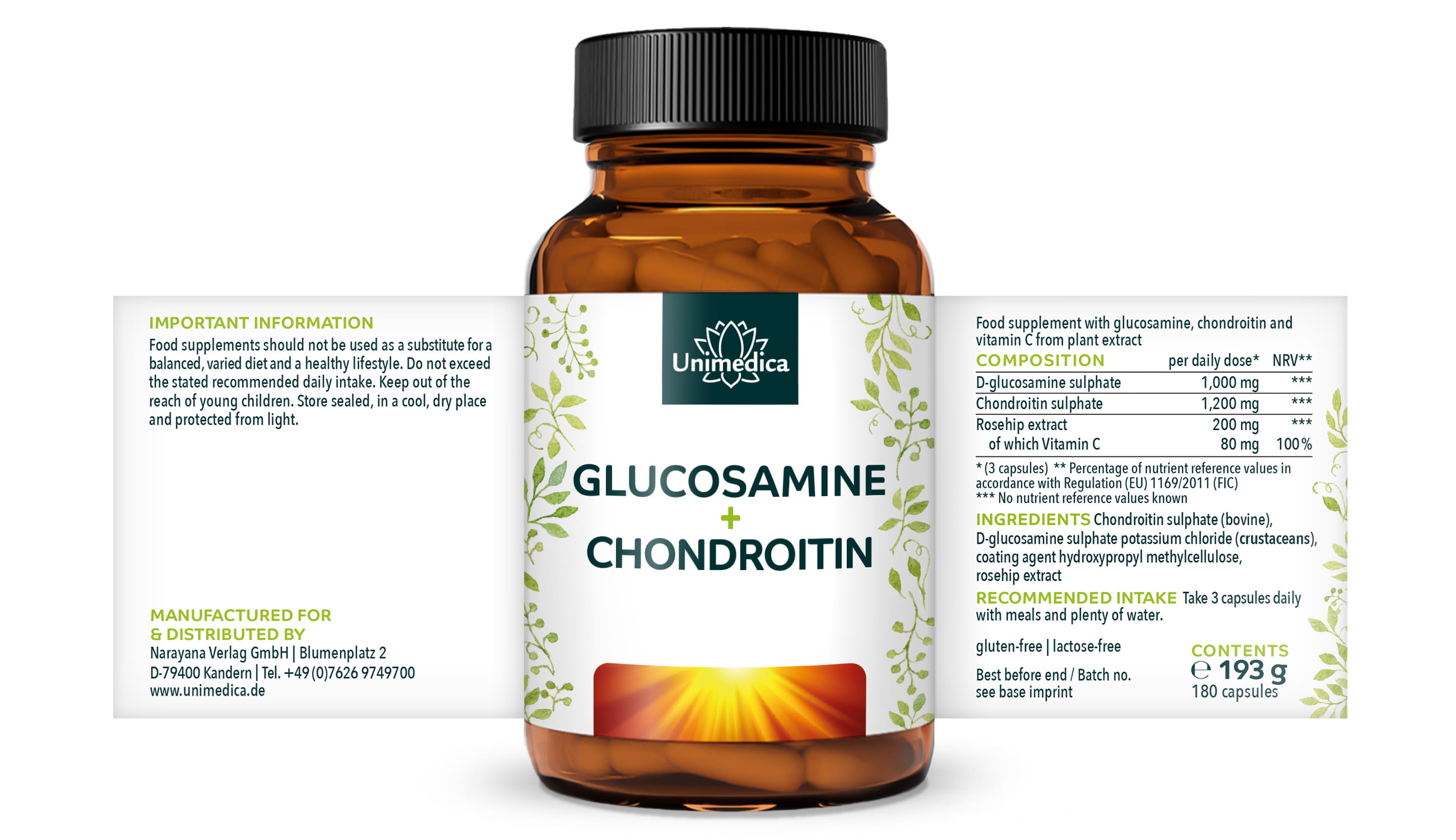 Glucosamine + Chondroitin - 1000 mg / 1200 mg per daily dose - 180 capsules - from Unimedica