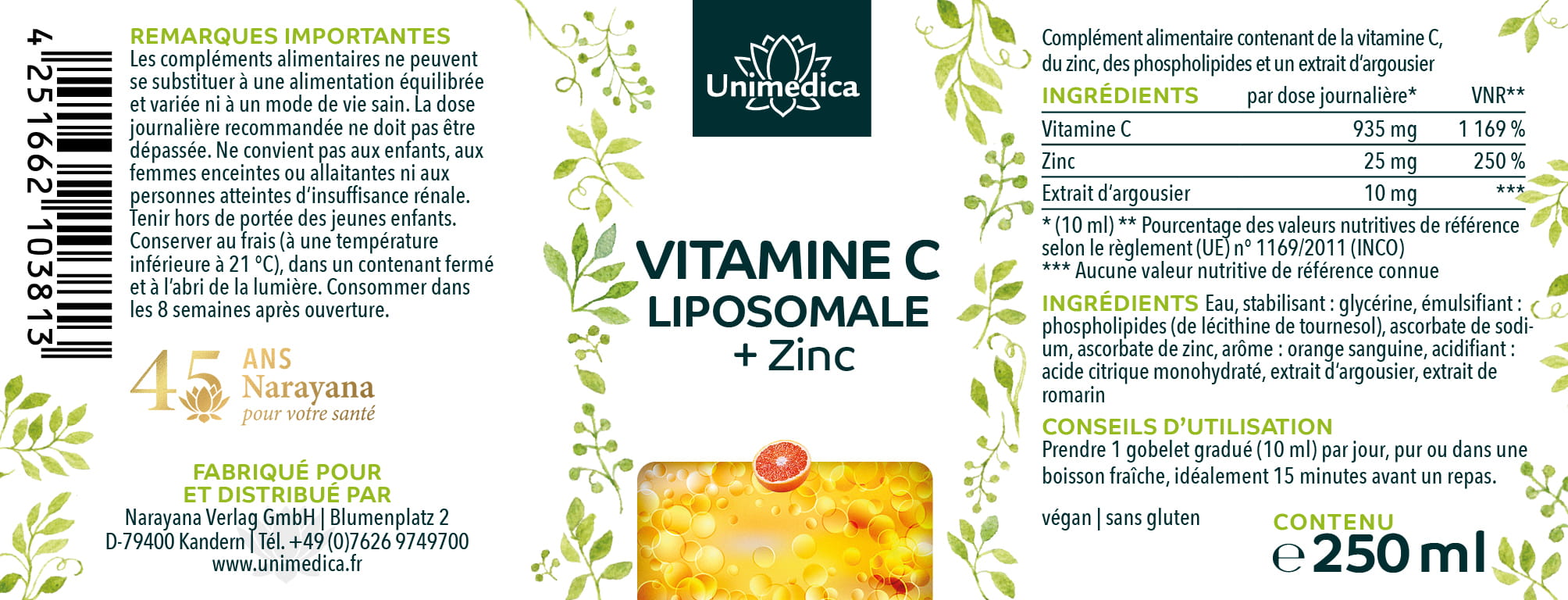 Vitamine C liposomale + zinc - 935 mg de vitamine C et 25 mg de zinc par dose quotidienne (10 ml) - 250 ml - par Unimedica