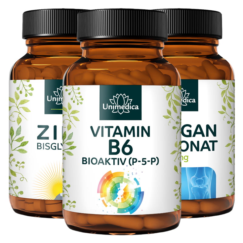 3er-Sparset: Vitamin B6 BIOAKTIV + Zink Bisglycinat + Mangan - 120 Kapseln + 365 Tabletten + 90 Kapseln
