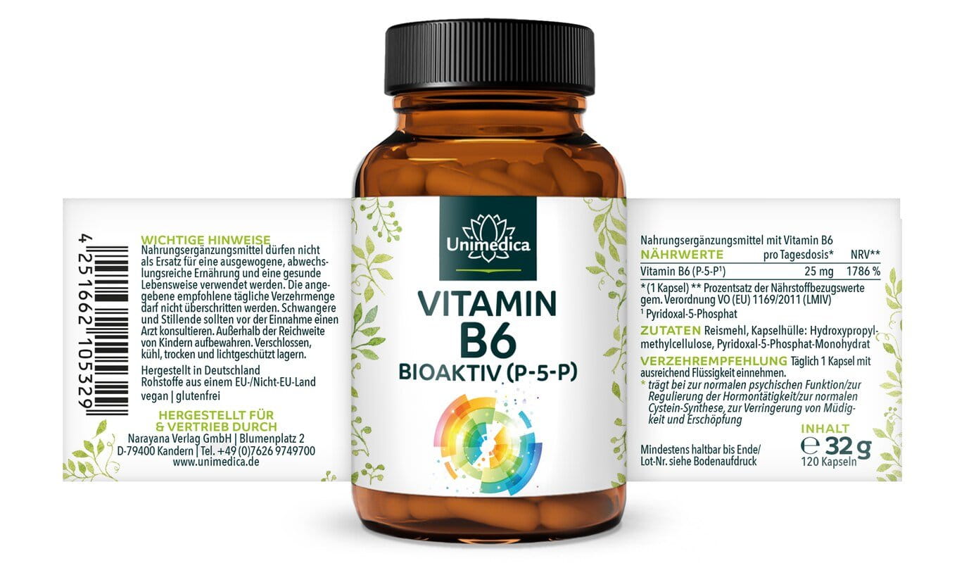 Vitamin B6 BIOAKTIV - Pyridoxal-5-Phosphat (P-5-P) - 25 mg pro Tagesdosis (1 Kapsel) - hochdosiert - 120 Kapseln - von Unimedica