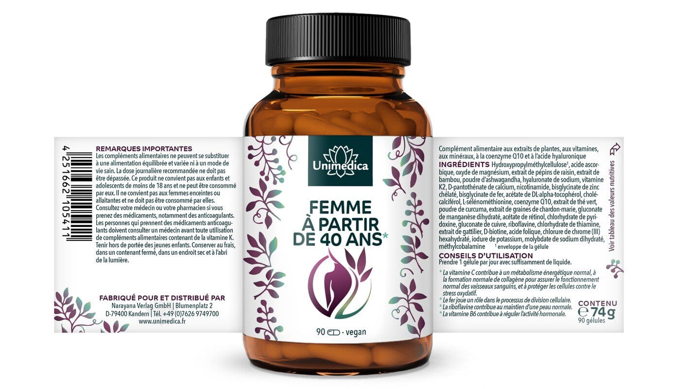 Femme à partir de 40 ans* - à la coenzyme Q10, à l'acide hyaluronique et aux OPC - 90 gélules - par Unimedica