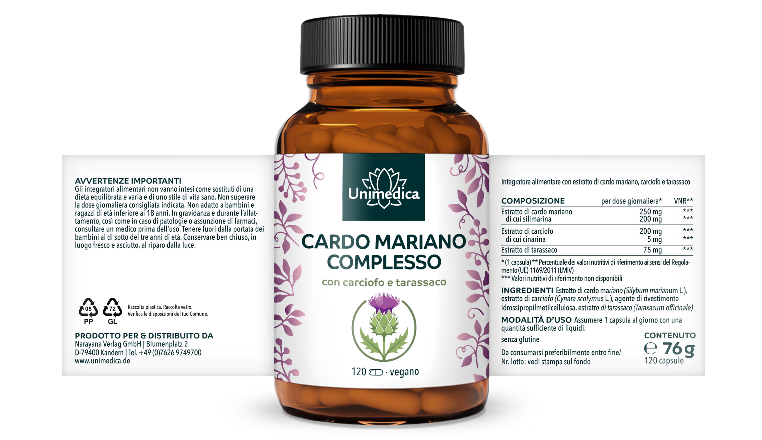 Cardo mariano - complesso con carciofo e Löwenzahn - 120 capsule - di Unimedica