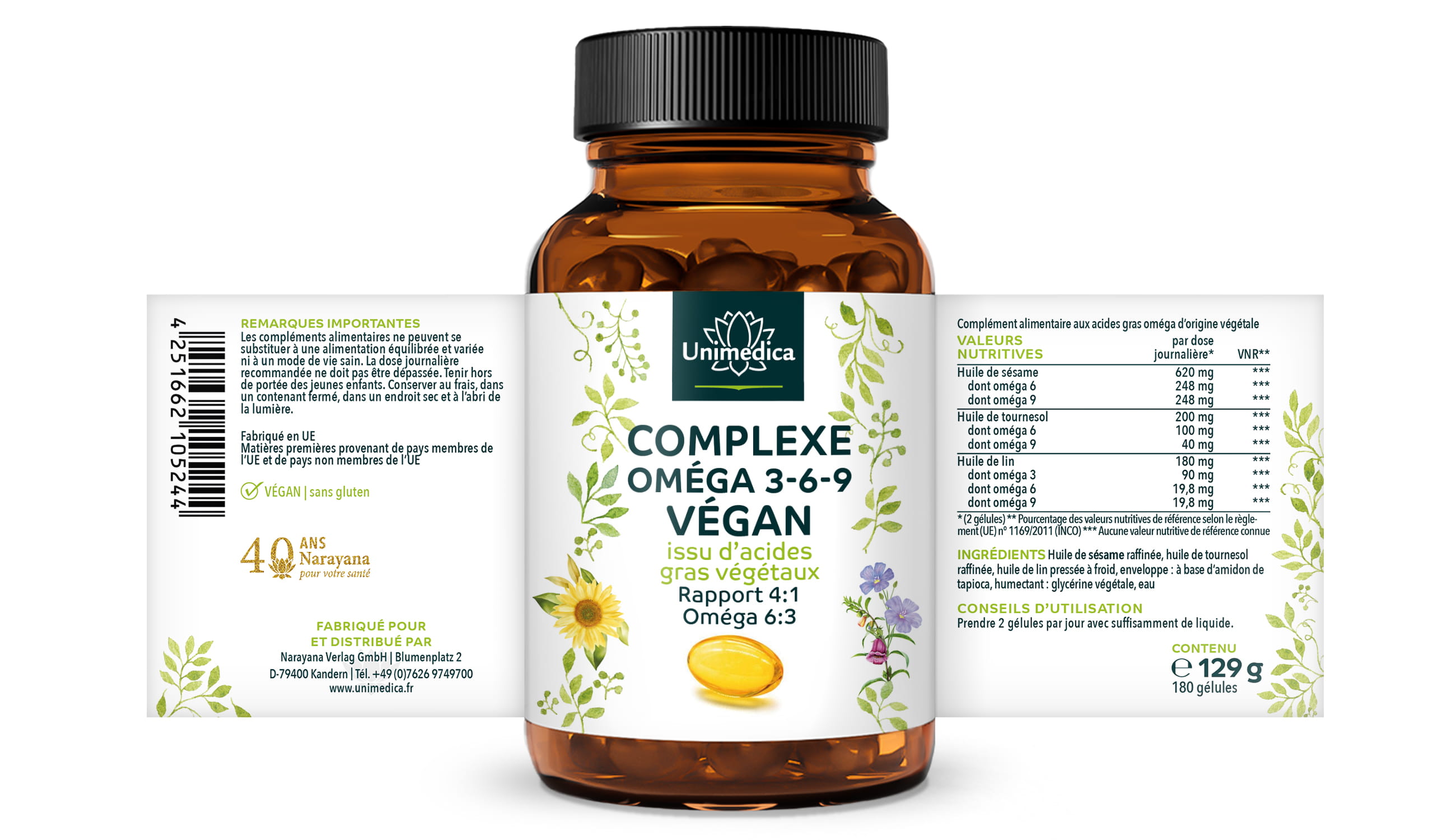 Complexe végan Oméga 3-6-9 - composé d'acides gras oméga d'origine végétale - 180 gélules softgel - végan - par Unimedica