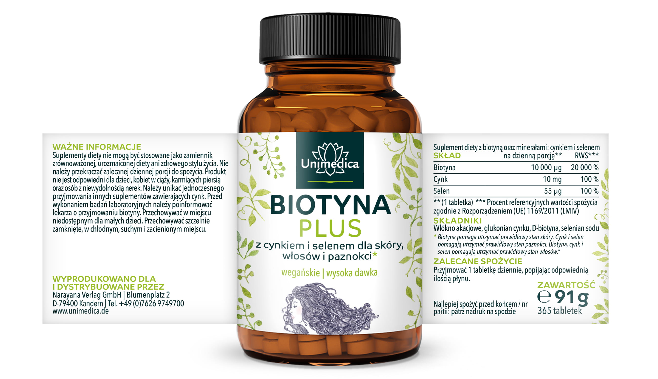 Biotyna Plus z selenem i cynkiem* - dla skóry, włosów i paznokci - ultra wysoka dawka - 365 tabletek - od Unimedica