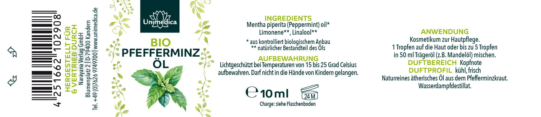 Bio Pfefferminzöl - natürliches ätherisches Öl - 10 ml - Minzöl - von Unimedica