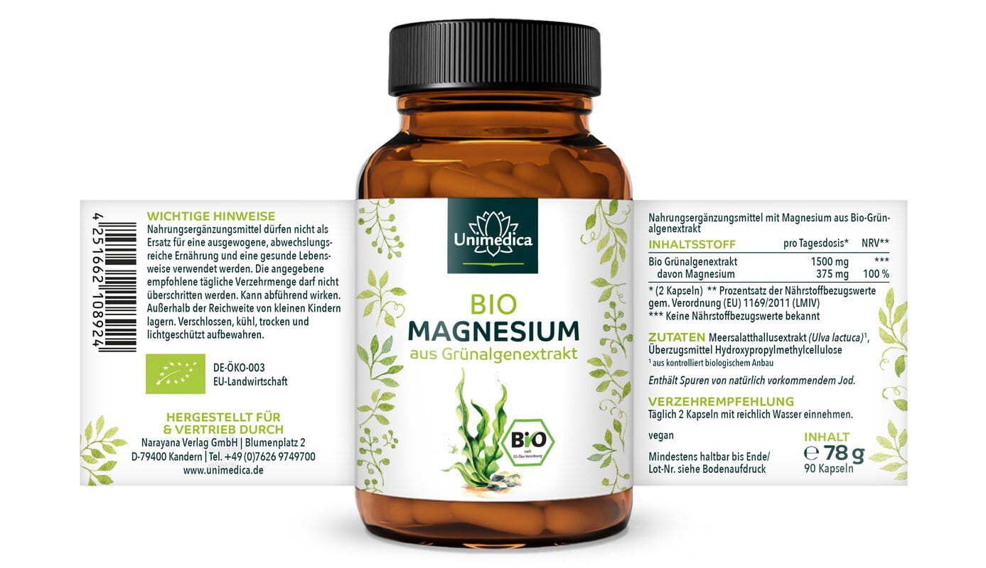 Bio Magnesium - aus Grünalgenextrakt - 375 mg pro Tagesdosis (2 Kapseln) - 90 Kapseln - von Unimedica