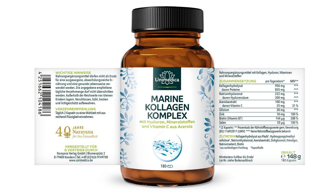 Marine Kollagen Komplex - mit Hyaluron, Vitaminen und Mineralien - 180 Kapseln - von Unimedica