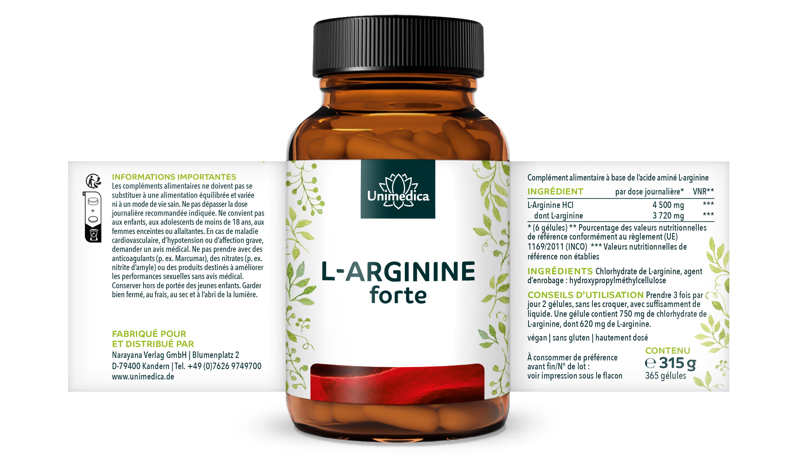 L-arginine forte  3 720 mg par dose journalière (6 gélules)  obtenue par fermentation naturelle  hautement dosée - végane - 365 gélules - par Unimedica
