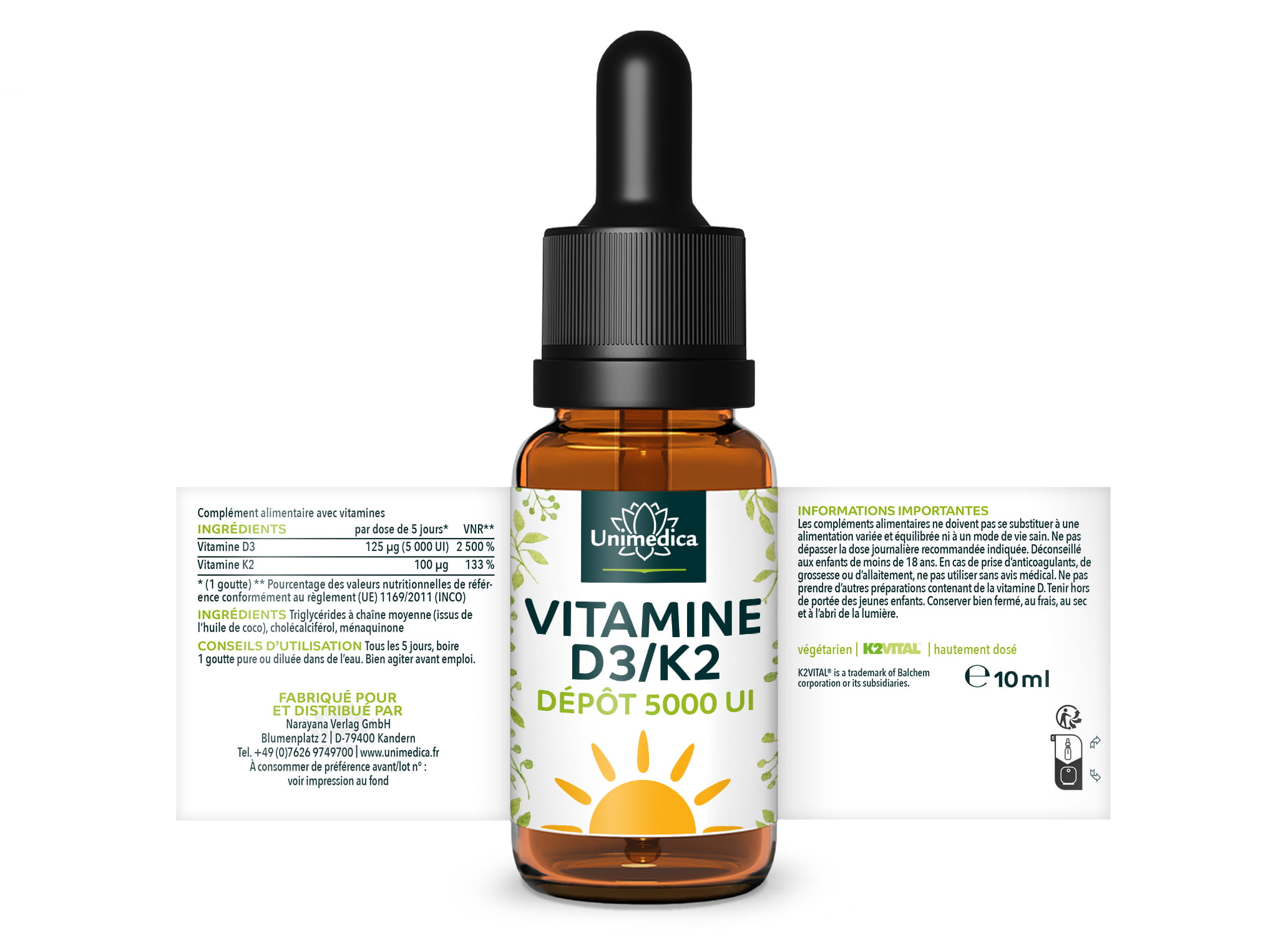 Vitamine D3 / K2 5 000 UI - DEPÔT - K2VITAL® - 125 µg D3 et 100 µg K2 par dose tous les 5 jours (1 goutte) - 10 ml - par Unimedica