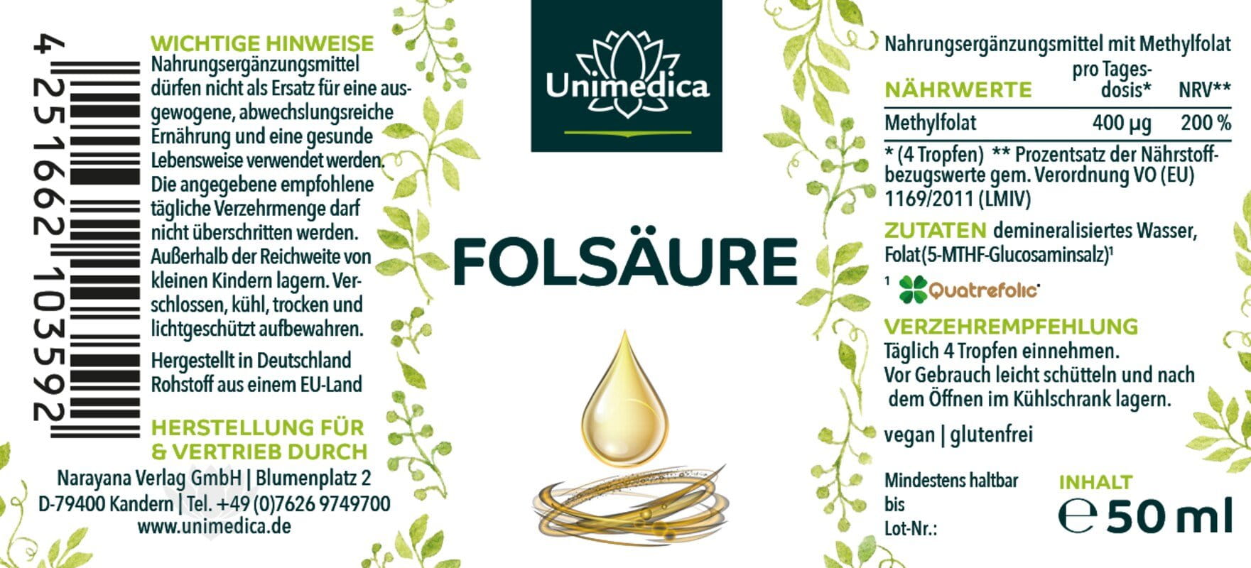 Folsäure Tropfen Quatrefolic® - 400 µg pro Tagesdosis (4 Tropfen) - 50 ml von Unimedica