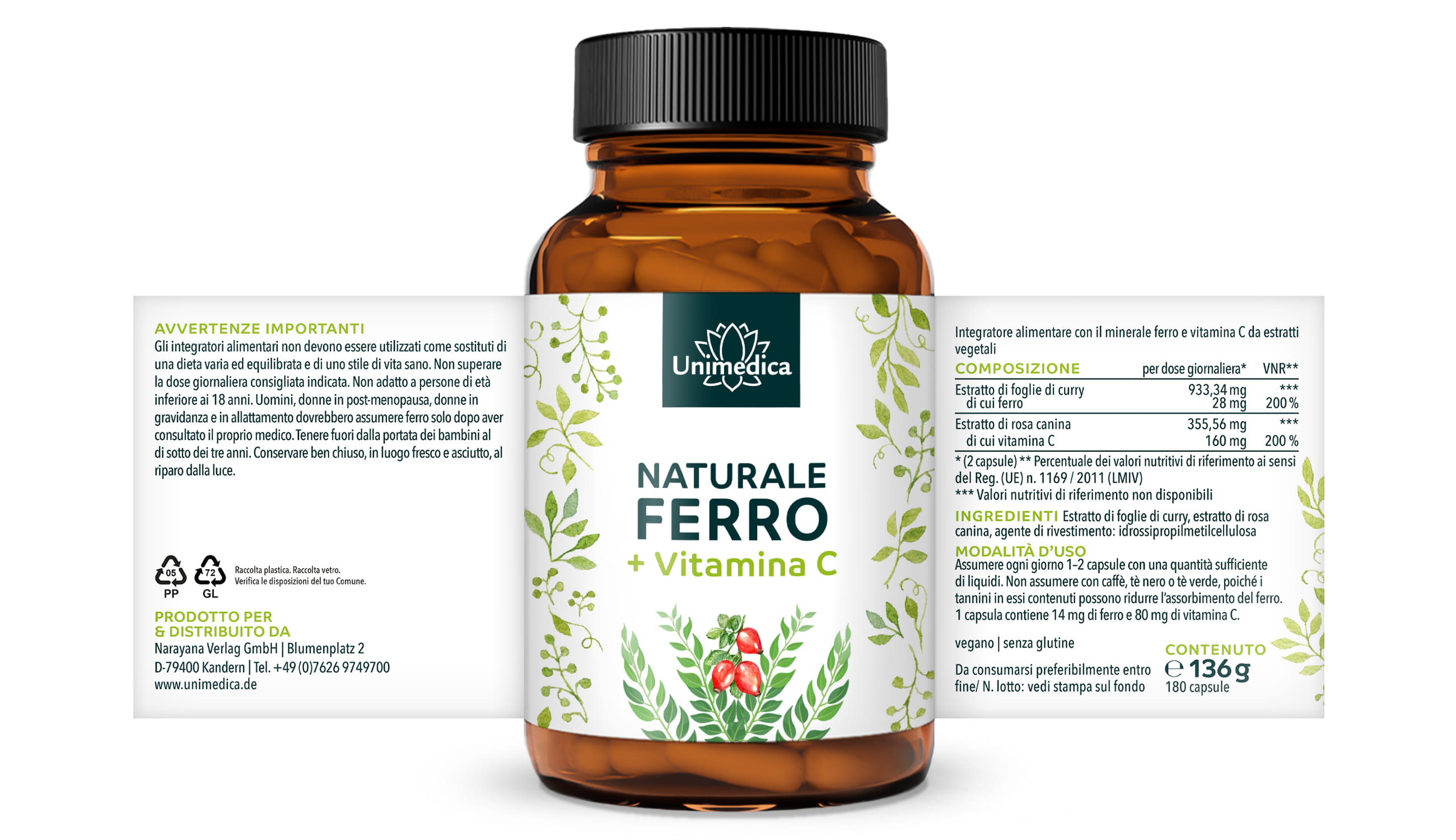Ferro naturale da estratto di foglie di curry + vitamina C da estratto di rosa canina - 28 mg di ferro + 160 mg di vitamina C per dose giornaliera (2 capsule) - 180 capsule - di Unimedica