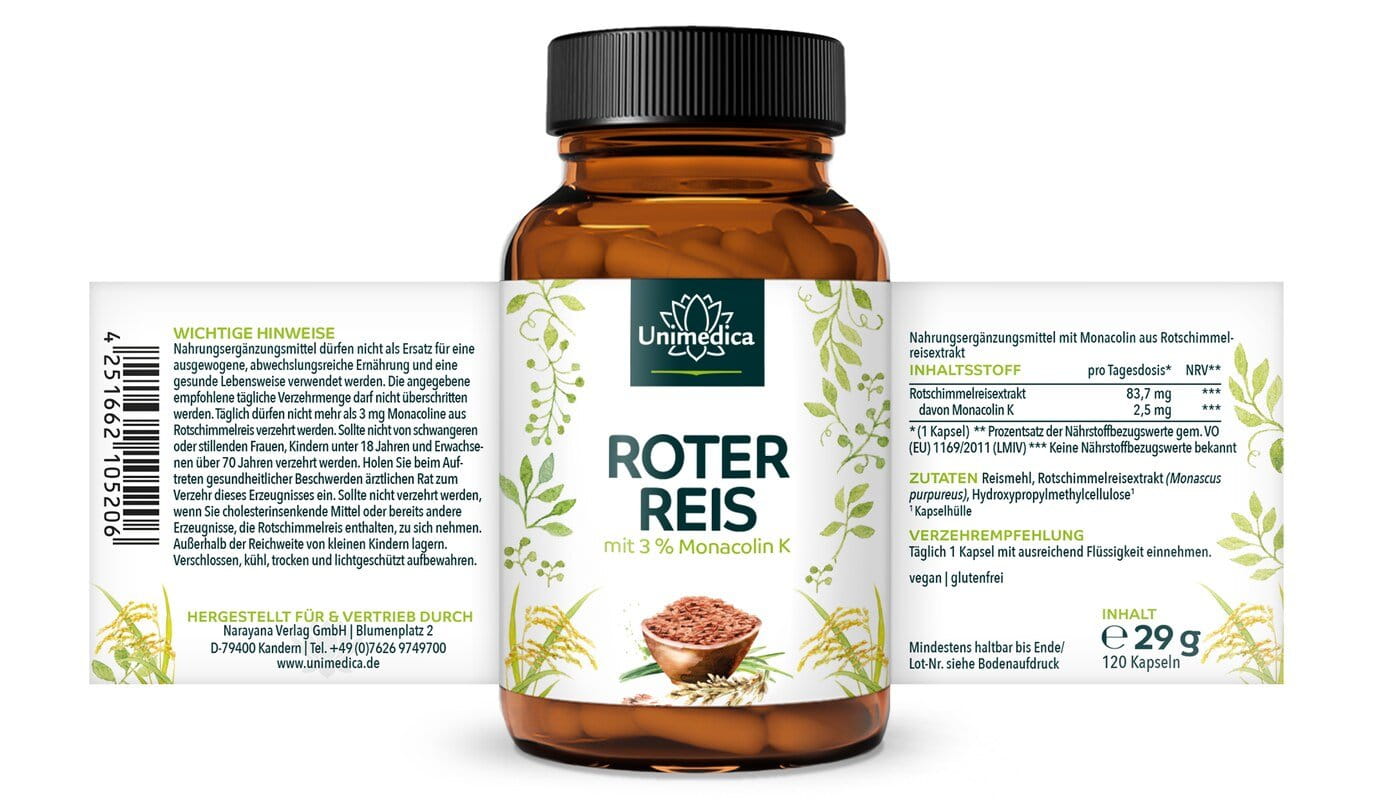Roter Reis - Rotschimmelreis aus natürlicher Fermentation - mit 2,51 mg Monacolin K pro Tagesdosis (1 Kapsel) - 120 Kapseln - von Unimedica