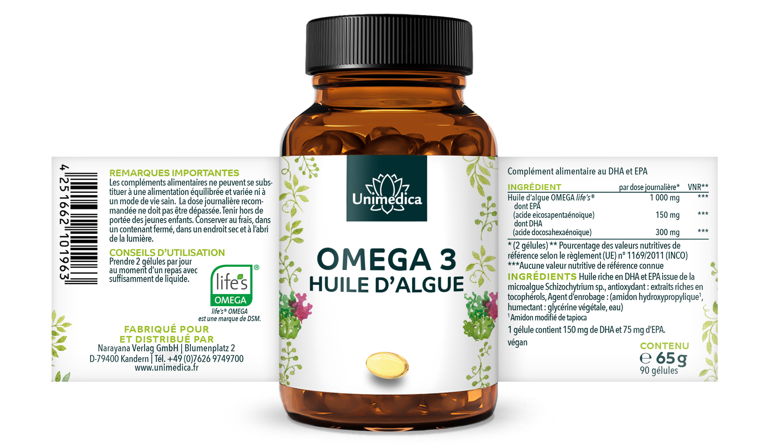Lot de 2: Huile d'algue en gélules - avec 250 mg de DHA - 2 x 90 gélules - par Unimedica