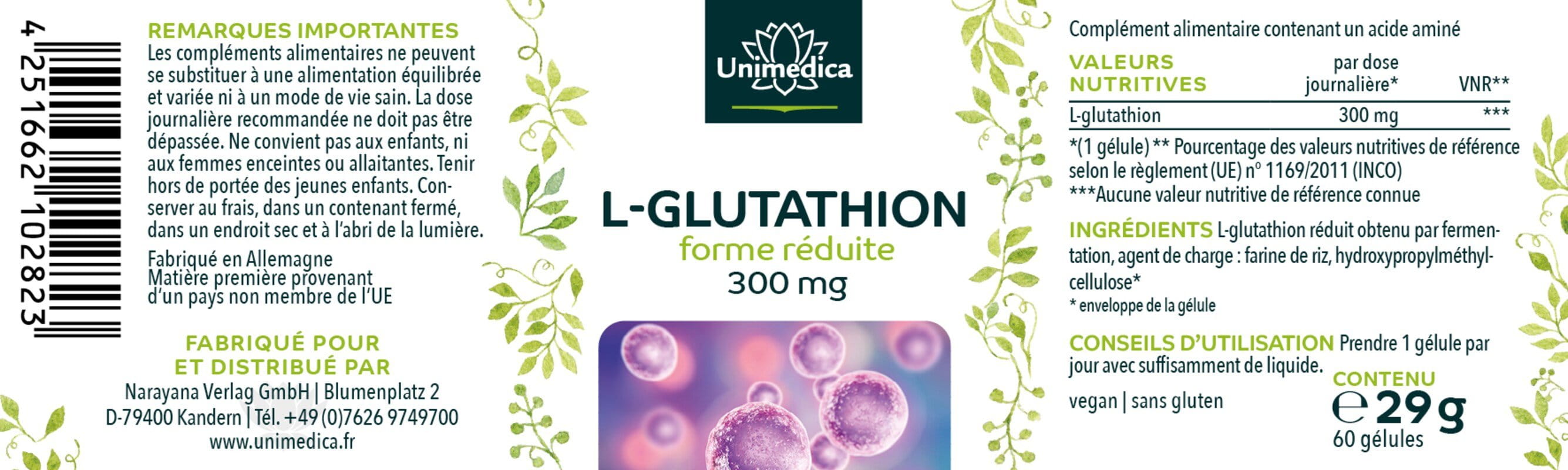 L-glutathion réduit - 300 mg, dose élevée, de fermentation naturelle, 60 gélules - d'Unimedica