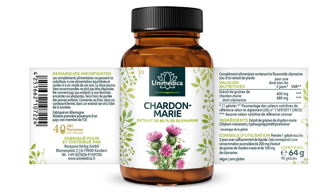 Extrait de Chardon-Marie - 480 mg de silymarine par dose de 3 jours (1 gélule) - 90 gélules - par Unimedica