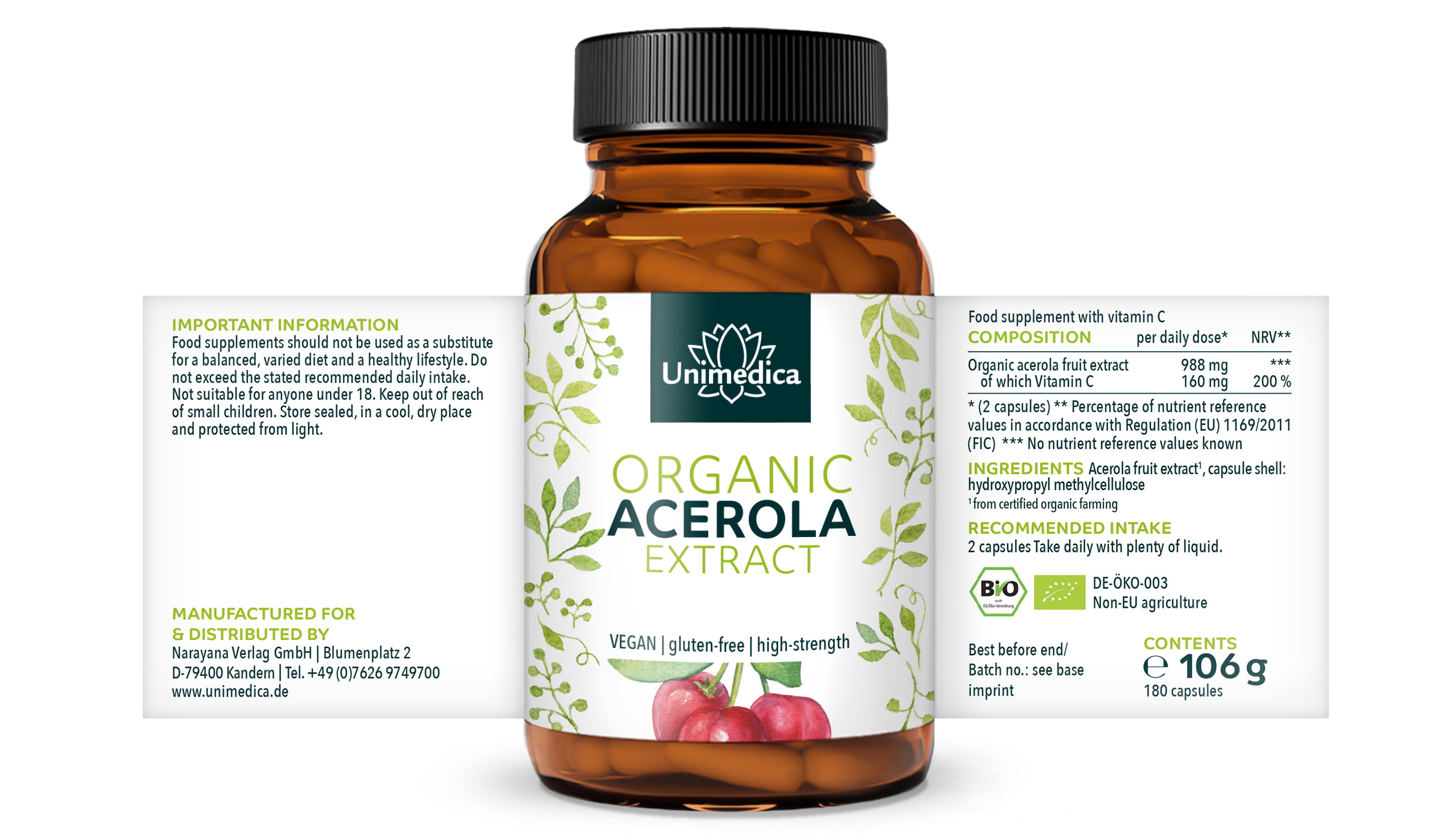 Acerola extract capsules - 180 capsules - 988 mg per daily dose - from Unimedica