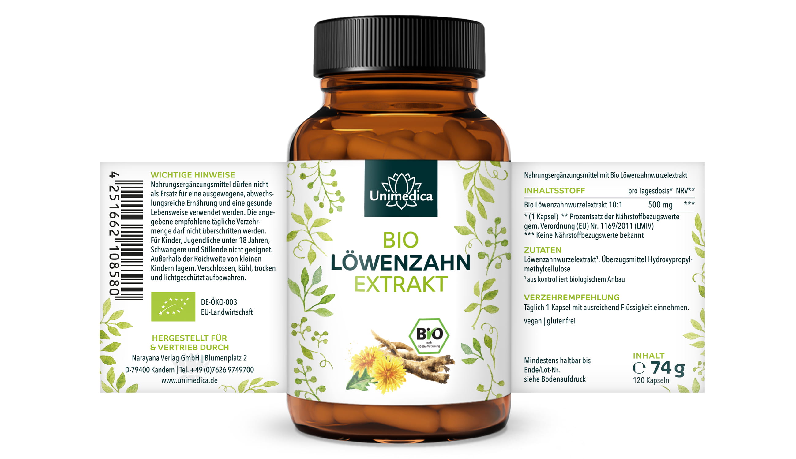 Bio Löwenzahn Extrakt - 500 mg pro Tagesdosis (1 Kapsel) - 120 Kapseln - von Unimedica