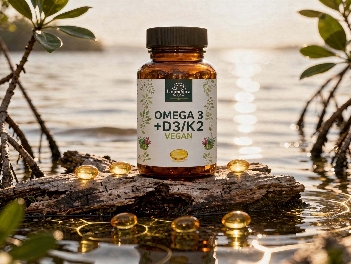Vegan Omega 3 + Vitamin D3 + K2 - Algenöl - 60 Softgelkapseln - von Unimedica