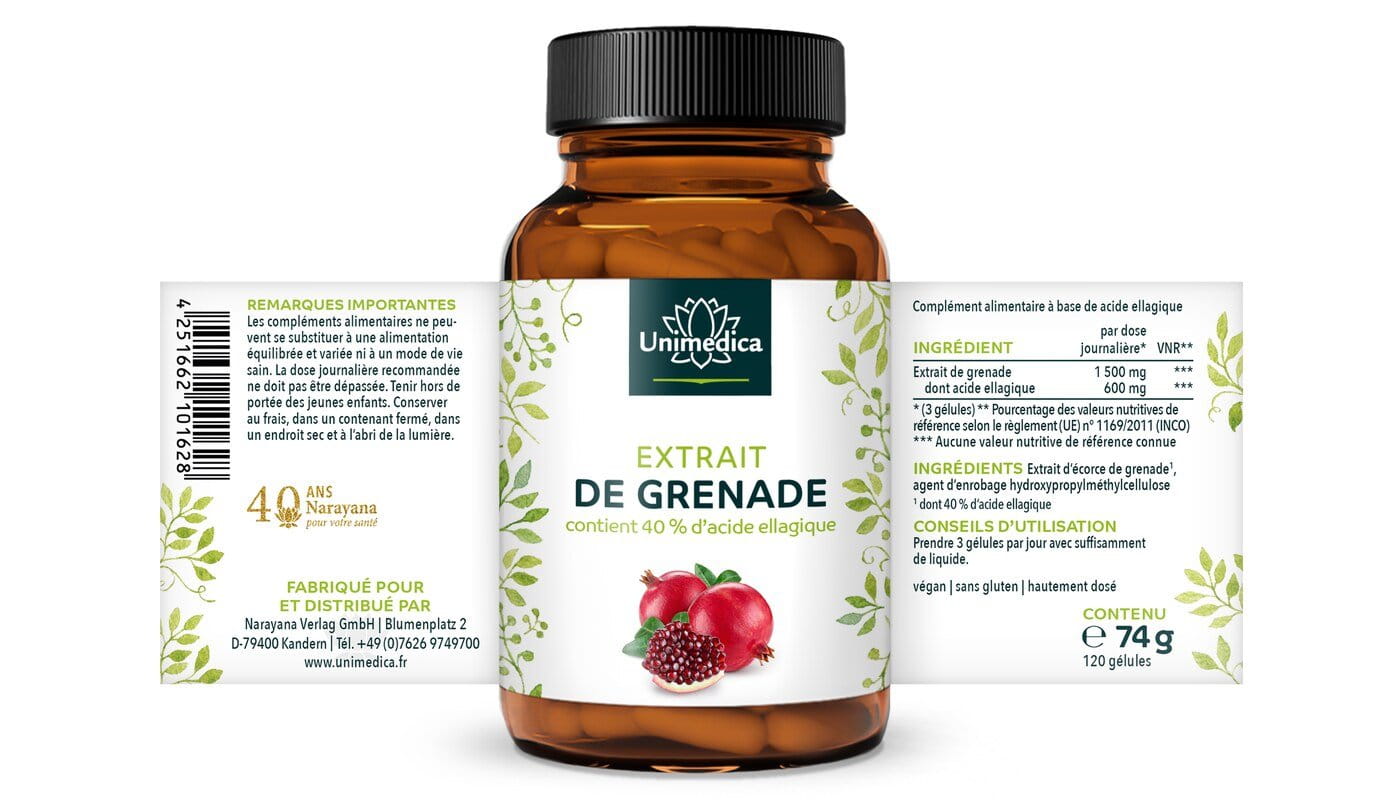 Extrait de grenade - 40 % d'acide ellagique - 120 gélules - par Unimedica