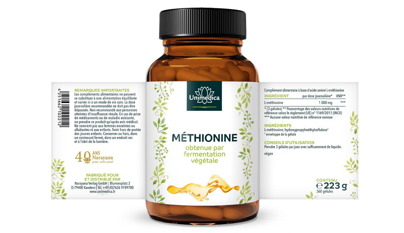 Méthionine - 1 500 mg par dose journalière (3 gélules) - 360 gélules - par Unimedica