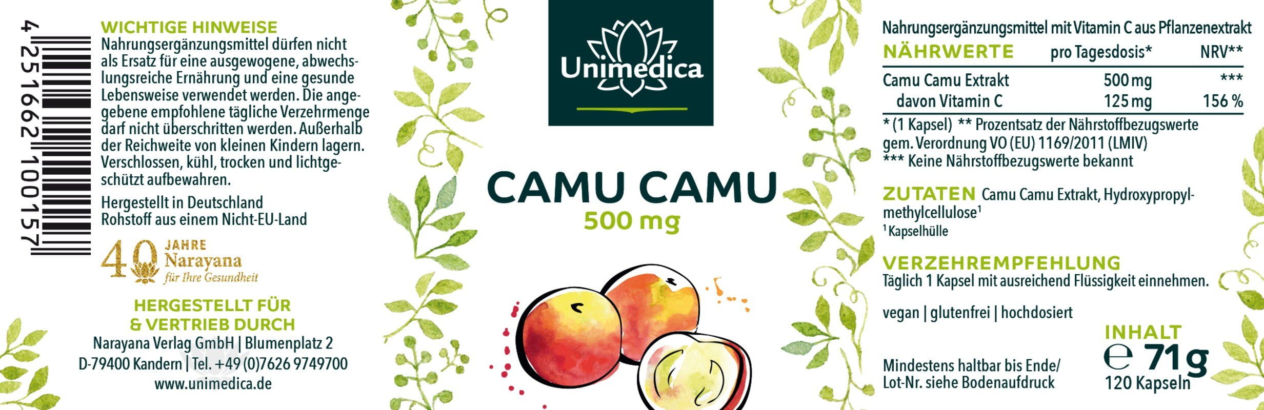 Camu Camu Extrakt - 500 mg pro Tagesdosis (1 Kapsel) - hochdosiert - 120 Kapseln - von Unimedica