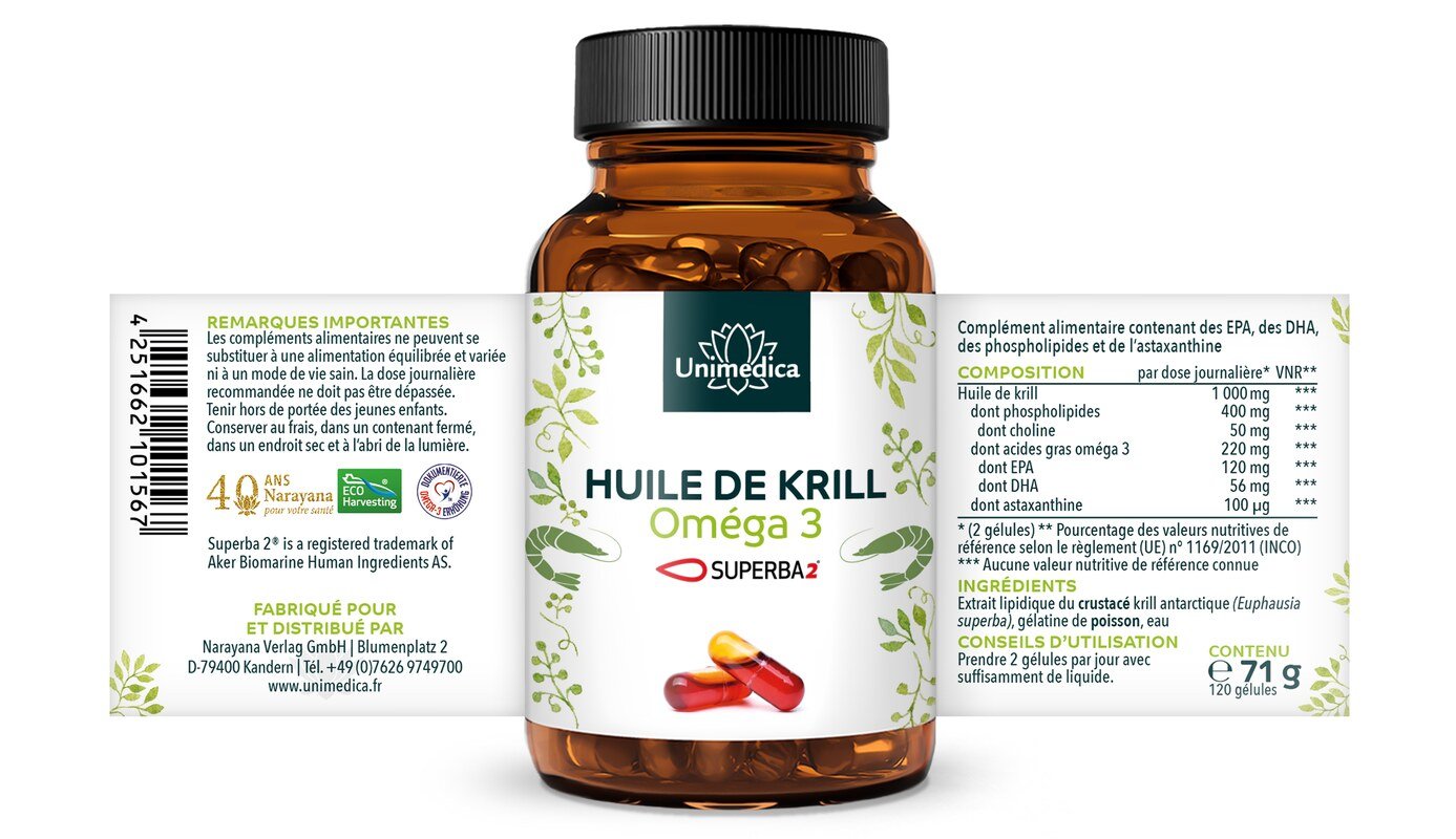Lot de 2: Huile de krill Superba 2™  riche en acides gras oméga-3 EPA + DHA - 1 000 mg d'huile de krill par dose quotidienne (2 capsules)  2 x 120 capsules de gel dur - par Unimedica