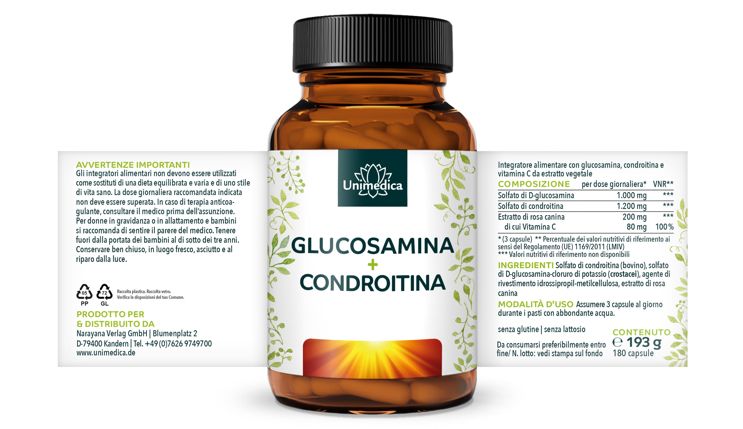 Glucosamina + Condroitina - ad alto dosaggio - 180 capsule - di Unimedica