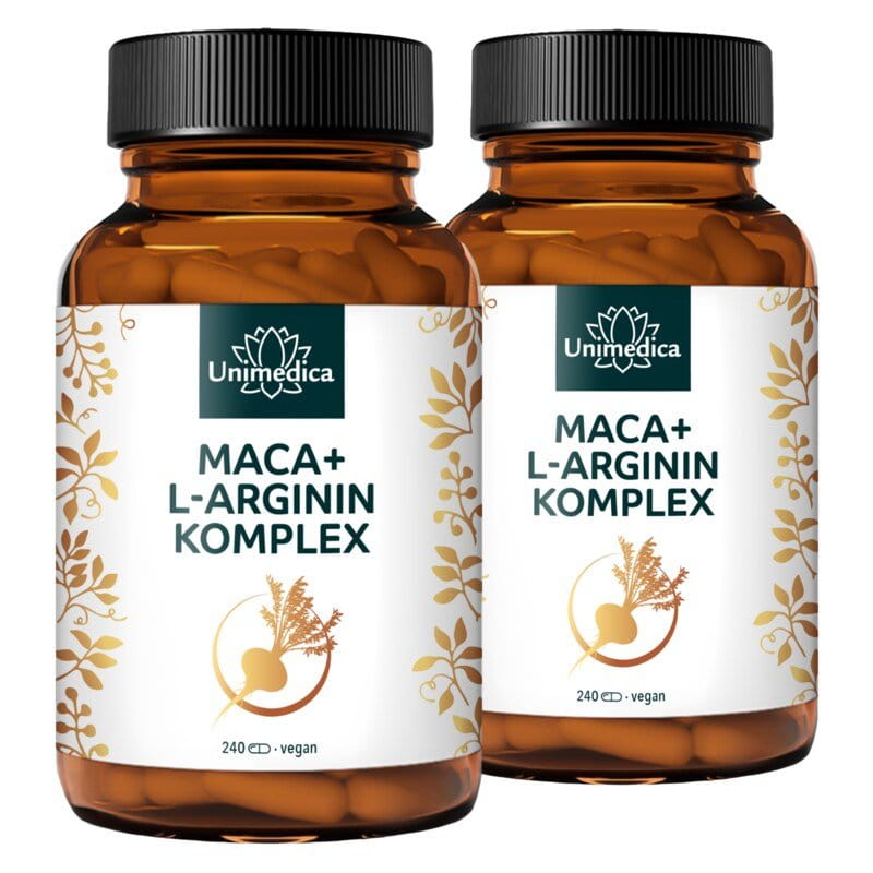 Lot de 2: Complexe  Maca + L-arginine forte avec vitamines C, B6, B12 et zinc - dosage élevé - 480 gélules - Unimedica