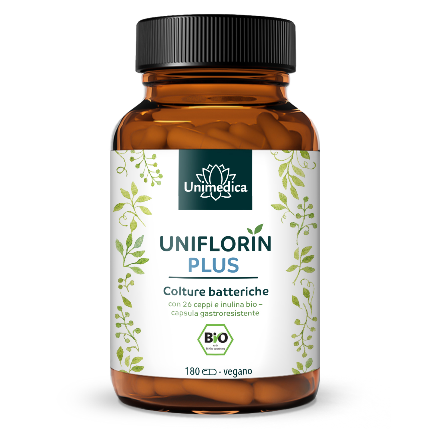 Uniflorin Plus con complesso di colture composto da 26 ceppi batterici e inulina biologica - 20 miliardi di UFC per dose giornaliera (2 capsule) - 180 capsule gastroresistenti - di Unimedica
