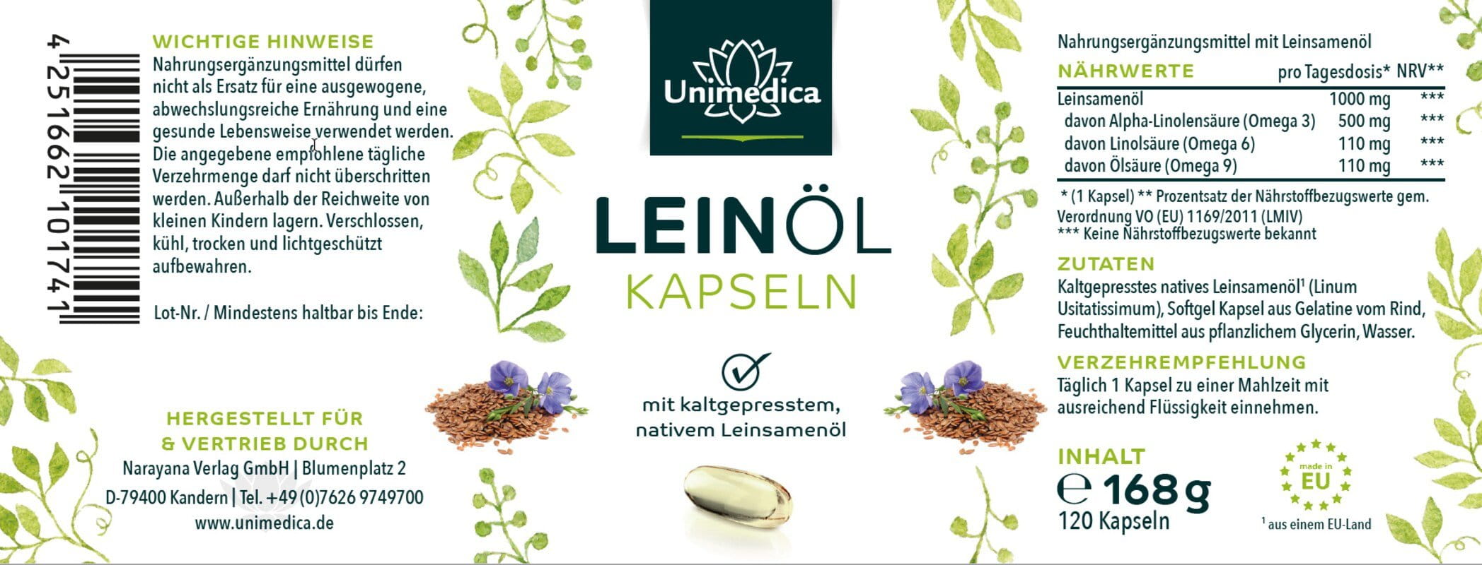 2er-Sparset: Leinöl mit pflanzlichen Omega Fettsäuren 3-6-9 - 1.000 mg pro Tagesdosis (1 Kapsel) - 2 x 120 Softgelkapseln - von Unimedica