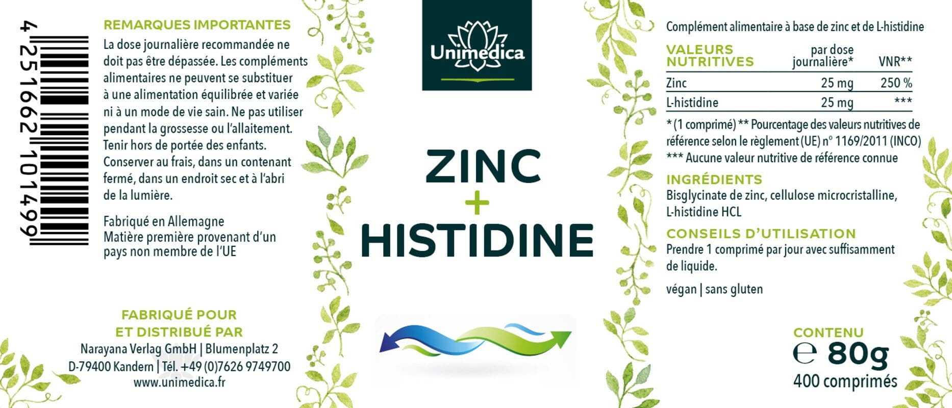 Zinc + histidine - 400 gélules - par Unimedica