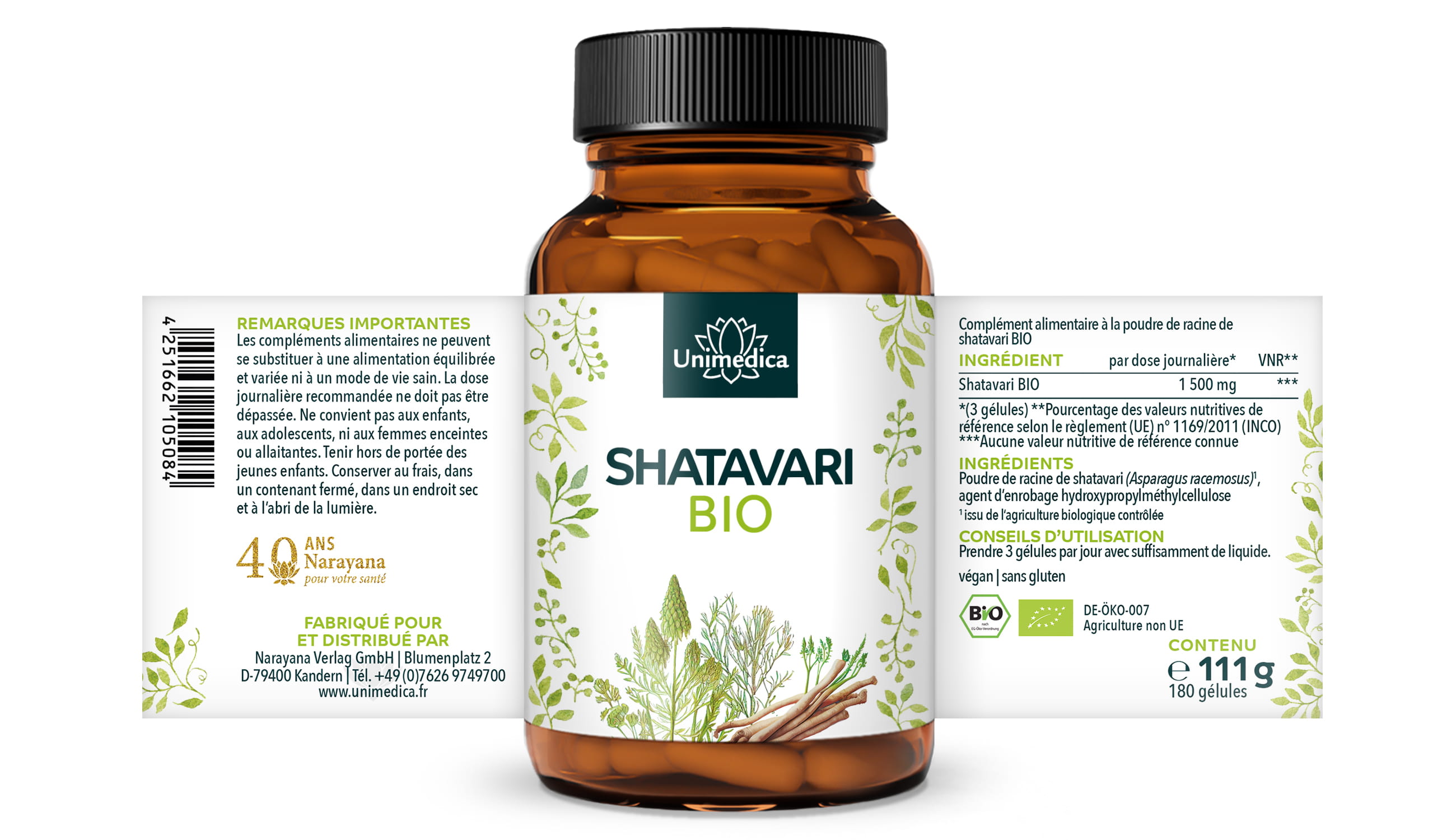 Shatavari BIO  1 500 mg par dose journalière (3 gélules) - 180 gélules - par Unimedica