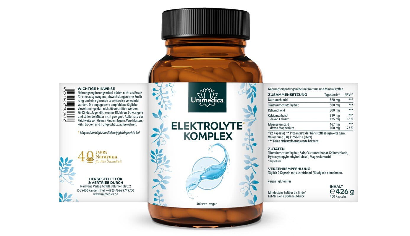 Elektrolyte Komplex mit Natrium, Kalium, Calcium und Magnesium - Keto geeignet - 400 Kapseln - von Unimedica