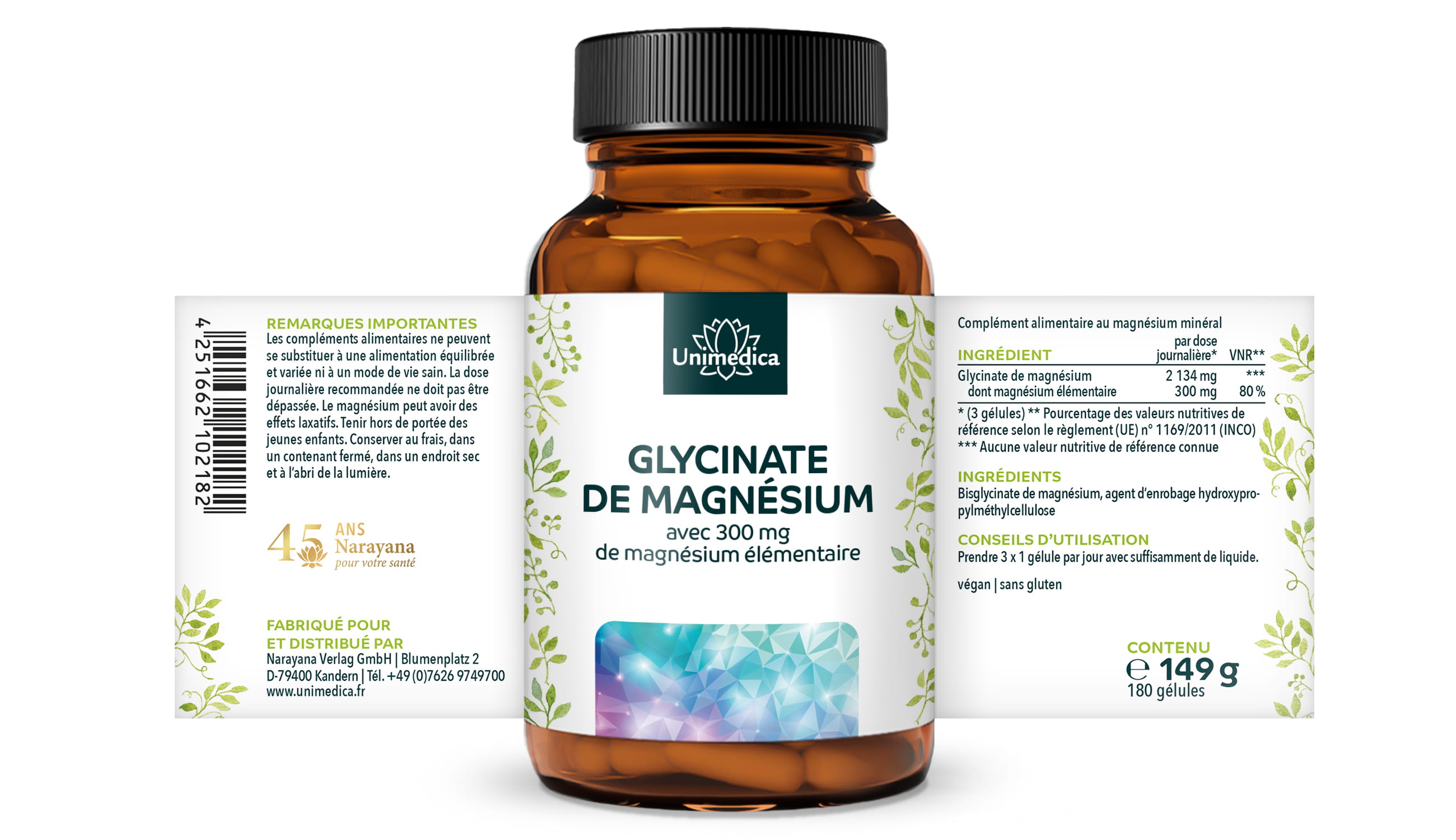 Glycinate de magnésium - avec 300 mg de magnésium pur par dose journalière - 180 gélules - par Unimedica