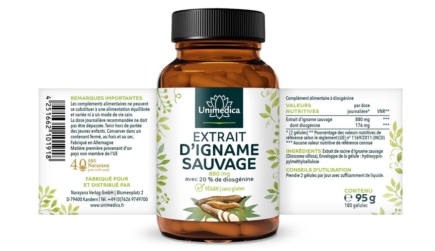 Lot de 2: Extrait de Wild Yam  - 880 mg par dose journalière (2 gélules) - avec 20 % de diosgénine - 2 x 180 gélules - Unimedica