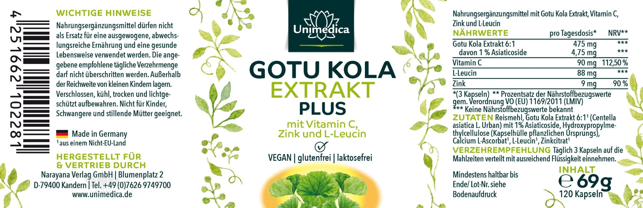 Gotu Kola Extrakt Plus - mit Vitamin C, Zink und L-Leucin - 120 Kapseln - von Unimedica