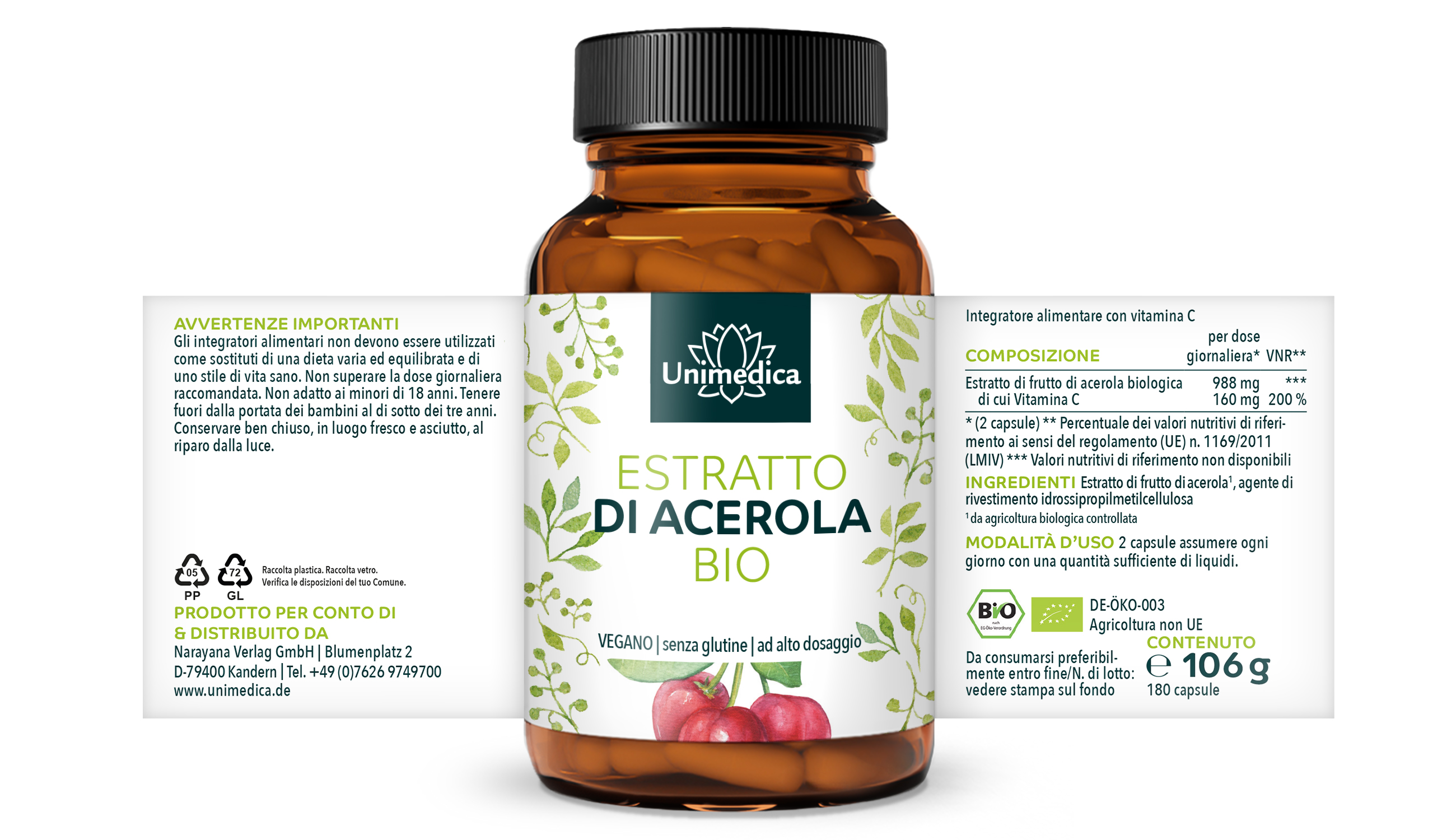 Vitamina C naturale - Estratto di acerola biologica - di cui 160 mg di vitamina C - 180 capsule - di Unimedica
