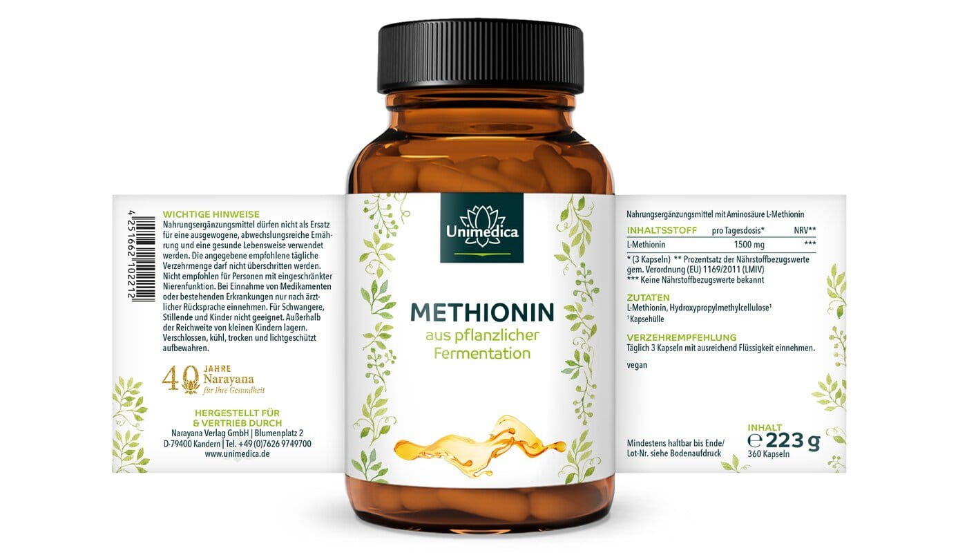 Methionin - 1.500 mg pro Tagesdosis (3 Kapseln)  - 360 Kapseln  - von Unimedica