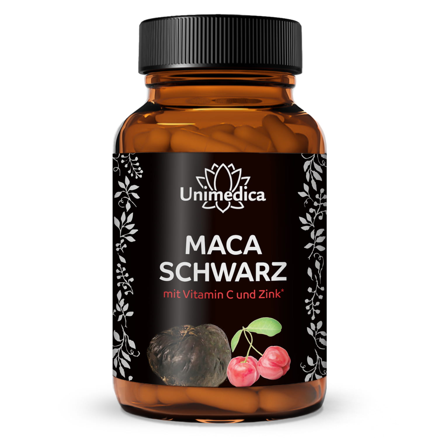 Schwarzes Maca mit Vitamin C aus Acerola und Zink - 3.000 mg pro Tagesdosis (4 Kapseln) - 180 Kapseln - von Unimedica