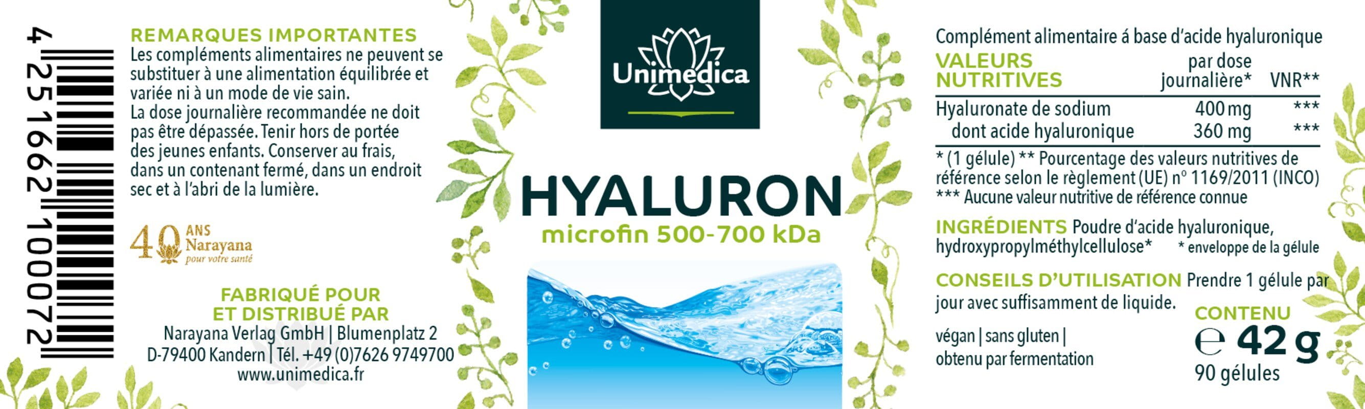 Hyaluron - Gélules d'acide hyaluronique microfin de 500 à 700 kDa  hautement dosé - Unimedica - 90 gélules