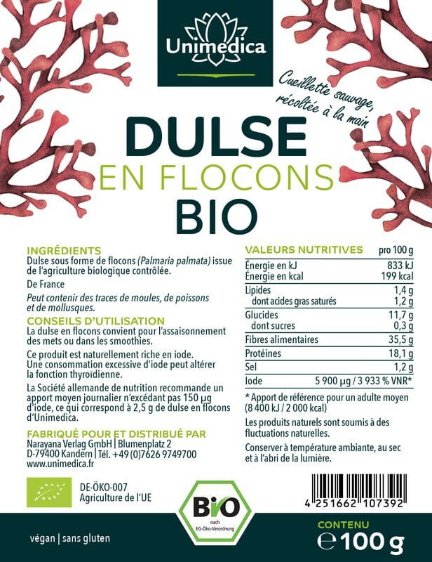 Dulse en flocons BIO - Qualité premium française  sans restes de coquilles - 100 g - par Unimedica