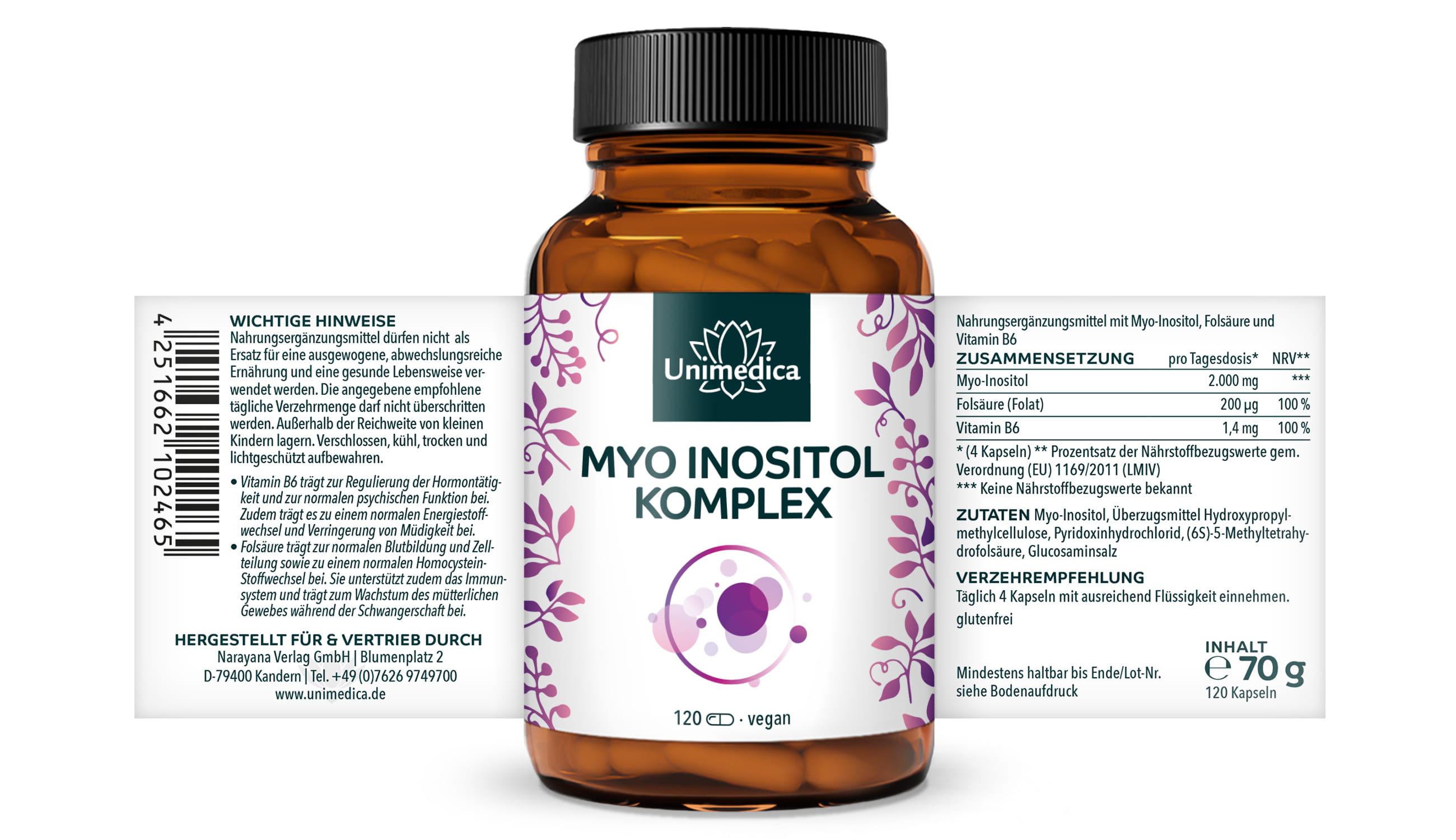 Myo Inositol Komplex - mit Folsäure und Vitamin B6 - 120 Kapseln - von Unimedica