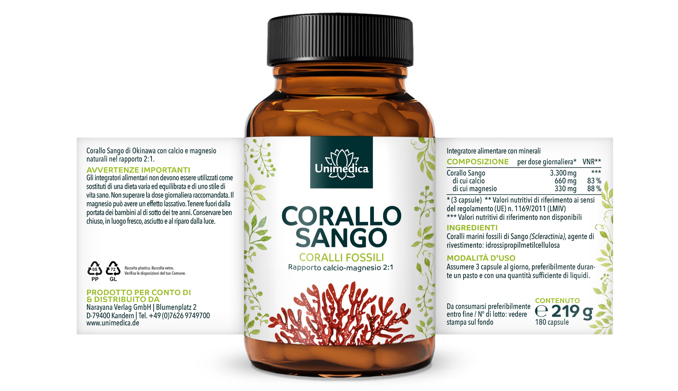 Corallo Sango - coralli fossili di Okinawa (Giappone) - 3.300 mg per dose giornaliera (3 capsule) - 180 capsule - di Unimedica