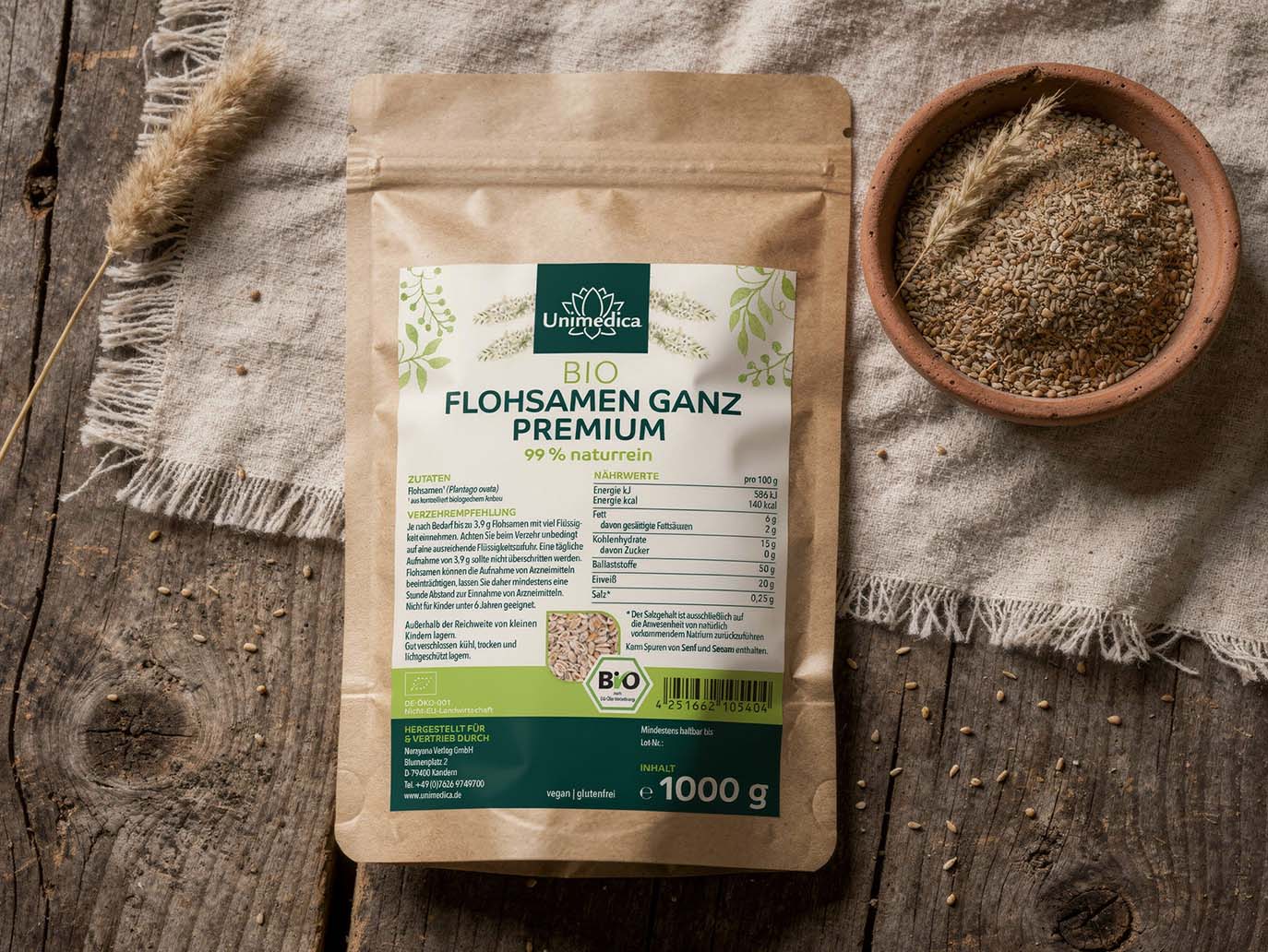 Bio Flohsamen ganz - Indische Flohsamen - 99 % naturrein - Premiumqualität - 1.000 g - von Unimedica