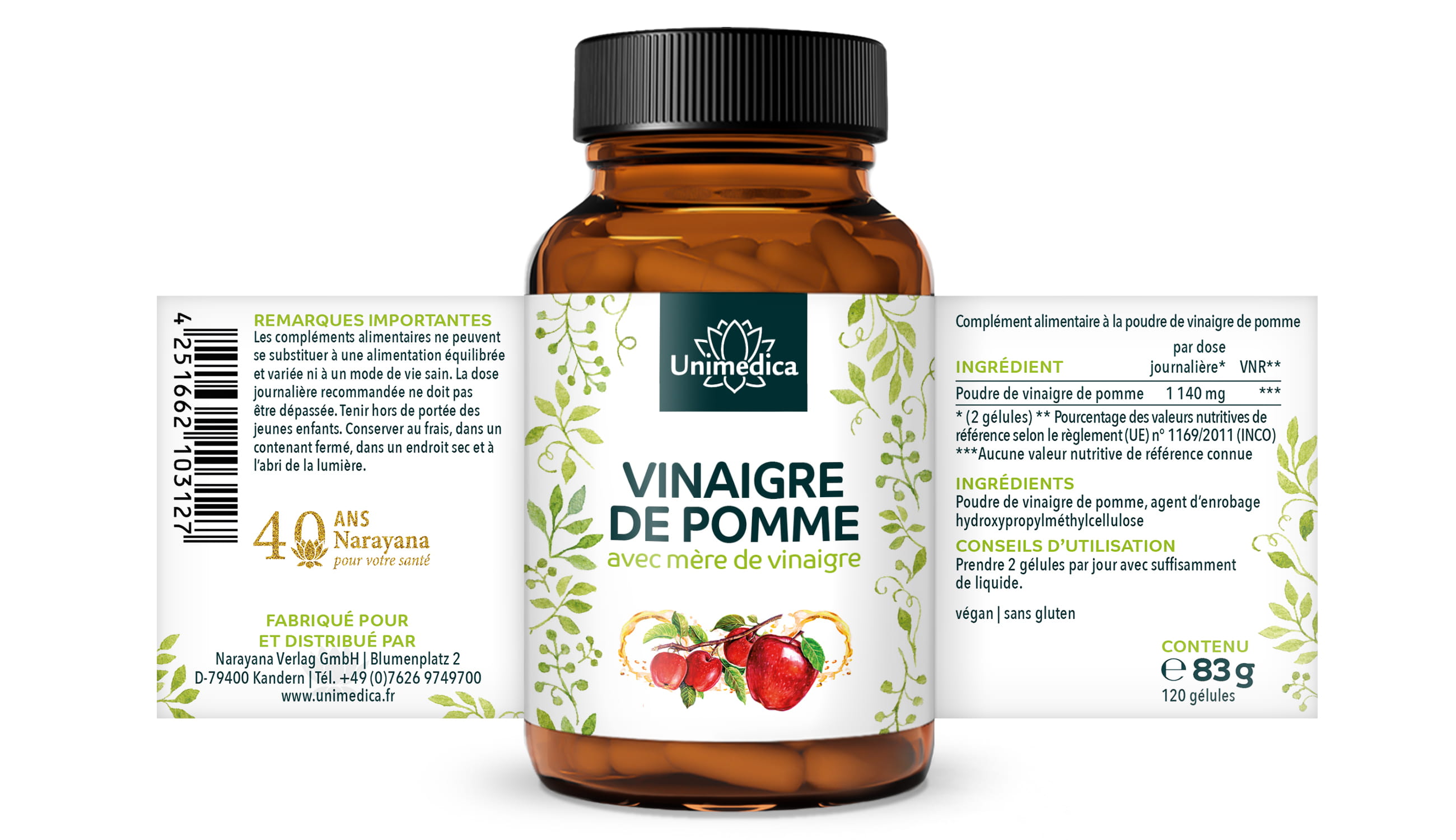Vinaigre de pomme avec mère de vinaigre - 120 gélules - par Unimedica