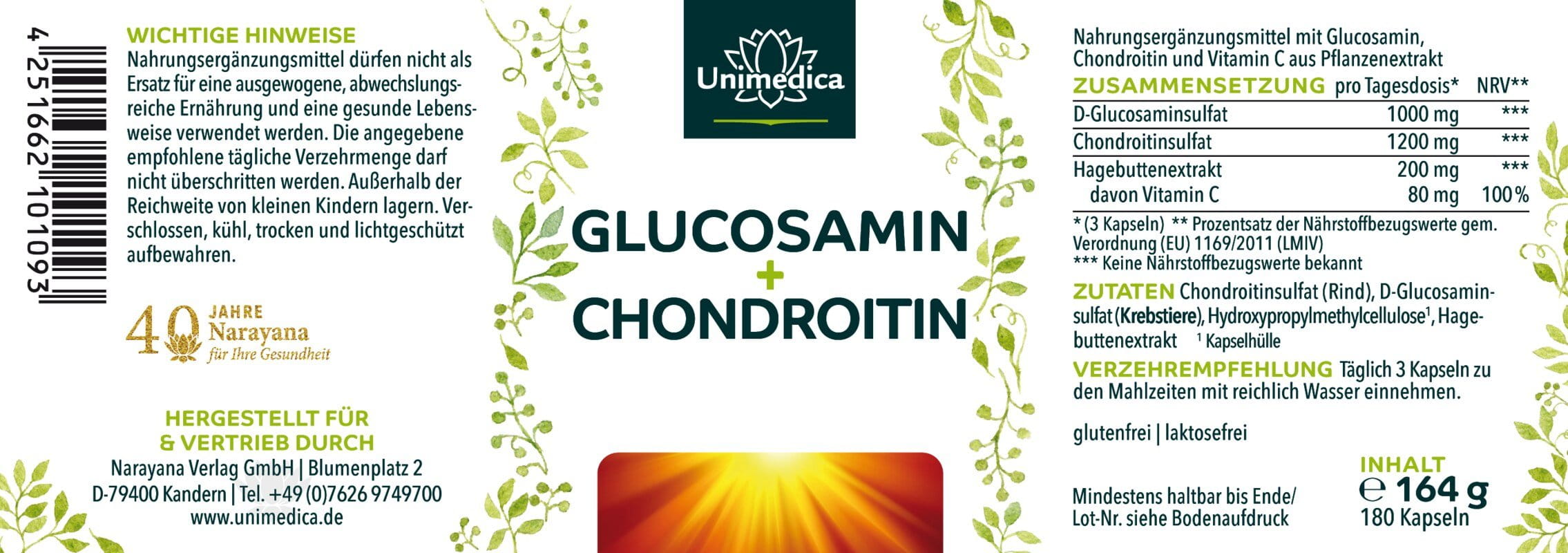 Glucosamin + Chondroitin - hochdosiert - 180 Kapseln - von Unimedica