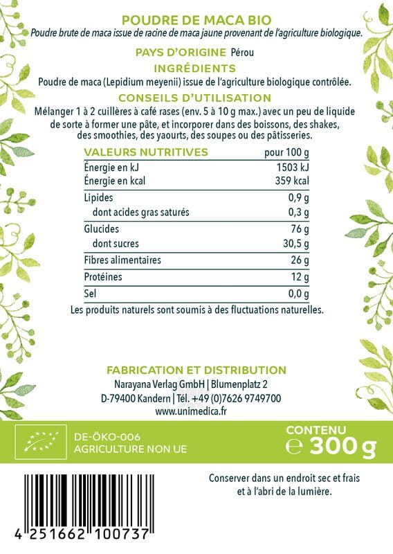 Maca en poudre bio - 300 g - par Unimedica